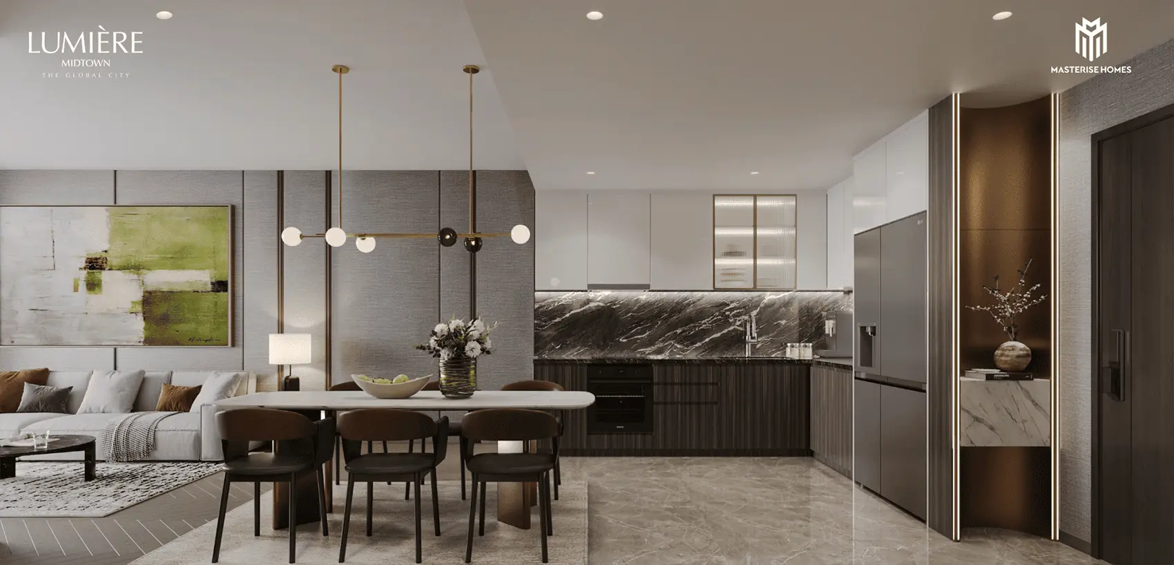 Không gian nội thất sang trọng, tinh tế mang đậm phong cách LUMIÈRE Midtown, kết hợp giữa hiện đại và thiên nhiên.