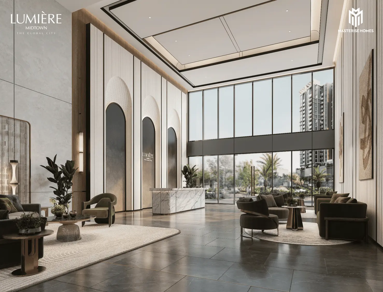 Sảnh tiếp đón sang trọng tại LUMIÈRE Midtown, mang lại trải nghiệm đẳng cấp và tinh tế.